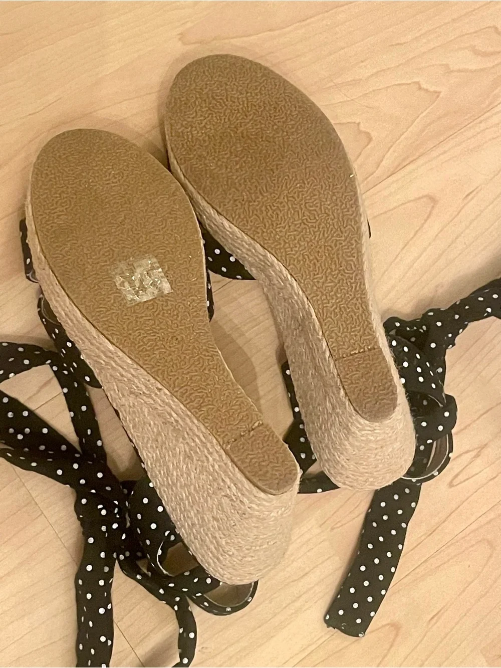 Polka Dot Ankle Tie Wedge Sandals - Black